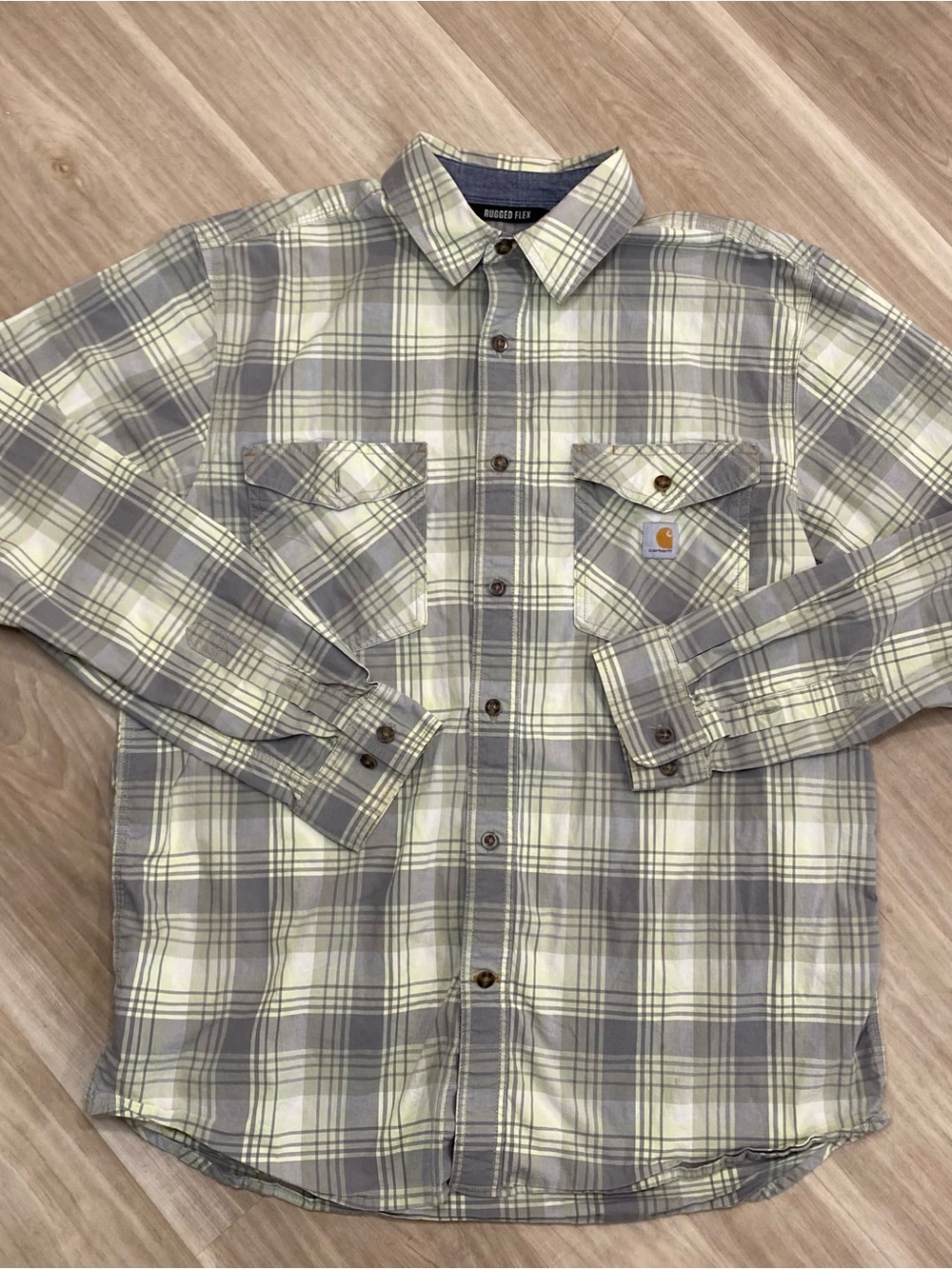 Carhartt Rugged Flex Shirt Mens Large Gray Green Plaid Long Sleeve Button Up